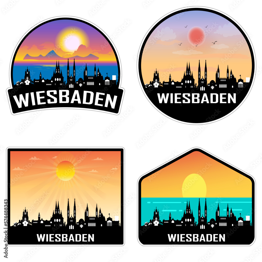 Wiesbaden Germany Skyline Silhouette Retro Vintage Sunset Wiesbaden Lover Travel Souvenir Sticker Vector Illustration SVG EPS AI