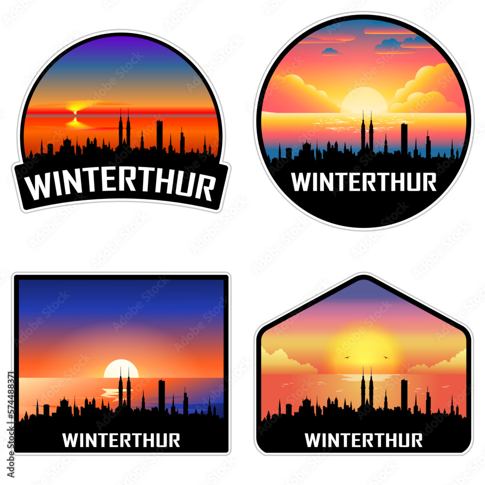 Winterthur Switzerland Skyline Silhouette Retro Vintage Sunset Winterthur Lover Travel Souvenir Sticker Vector Illustration SVG EPS AI