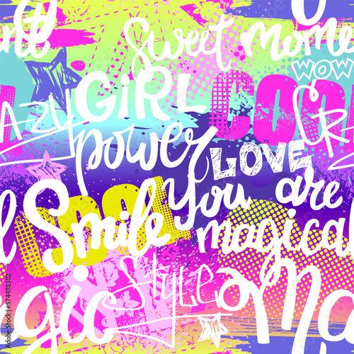 Abstract seamless graffiti print for girl. Urban style modern background with words and spray elements. Cool pattern in street style.