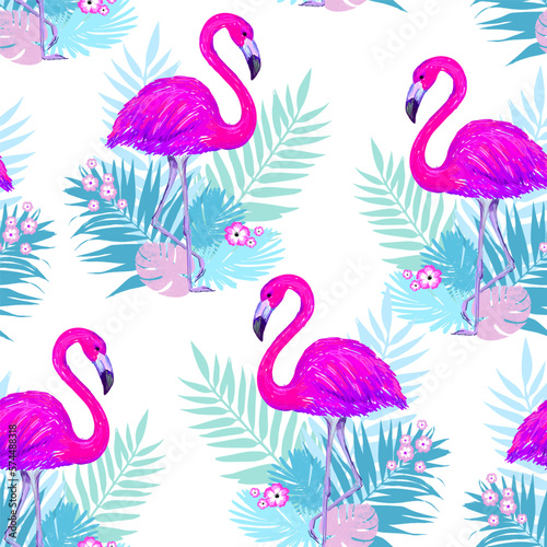 Fashion tropics funny wallpapers. Seamless pattern with leaf and flamingo on white background