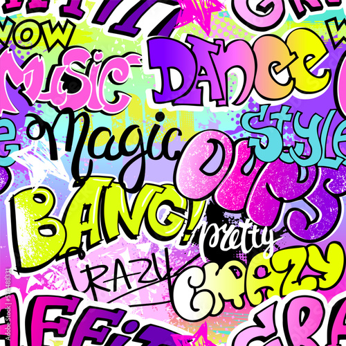 Abstract seamless graffiti print for girl. Urban style modern background with words and spray elements. Cool pattern in street style.
