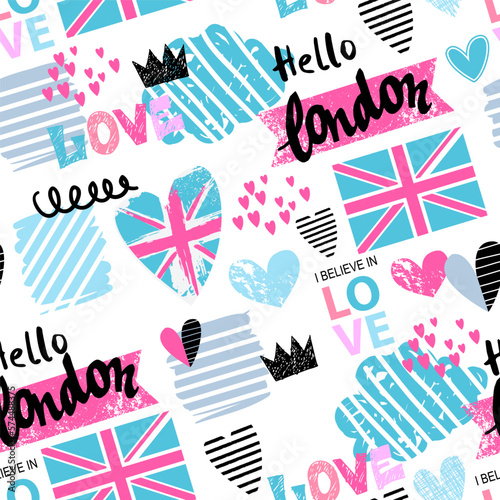 Abstract seamless pattern with elements british flag and London style. Fashion girlish print 