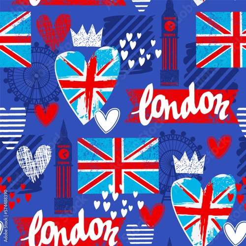 Abstract seamless pattern with elements british flag and London style. Fashion girlish print 