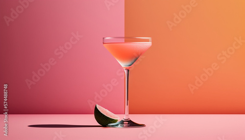 Pink daiquiri alcoholic summer cocktail on a modern pink background with sunlight from the window, ai generative photo