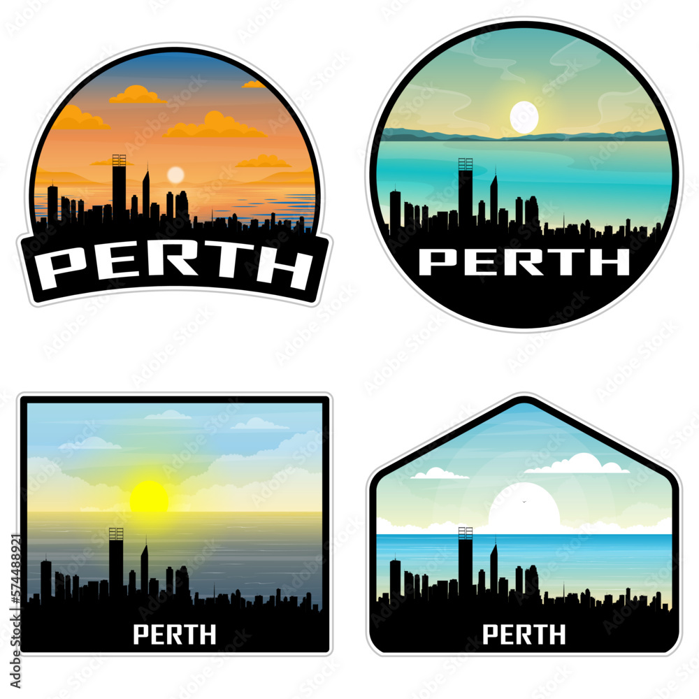 Perth Australia Skyline Silhouette Retro Vintage Sunset Perth Lover Travel Souvenir Sticker Vector Illustration SVG EPS AI