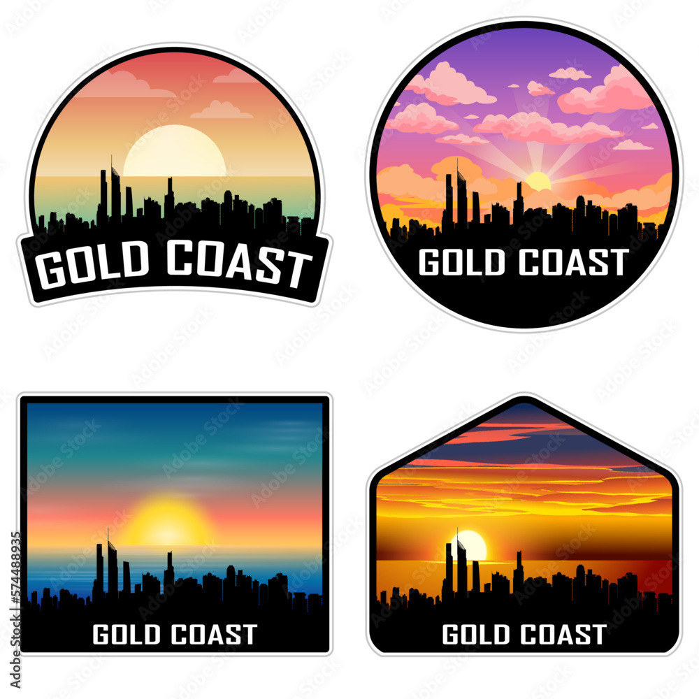 Gold Coast Australia Skyline Silhouette Retro Vintage Sunset Gold Coast Lover Travel Souvenir Sticker Vector Illustration SVG EPS AI
