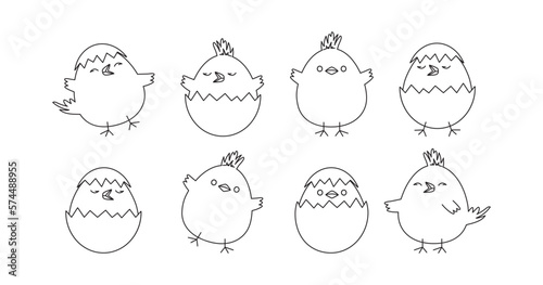 Papier peint Chick egg, Easter chicken vector icon, cute line bird with shell, outline character set coloring page