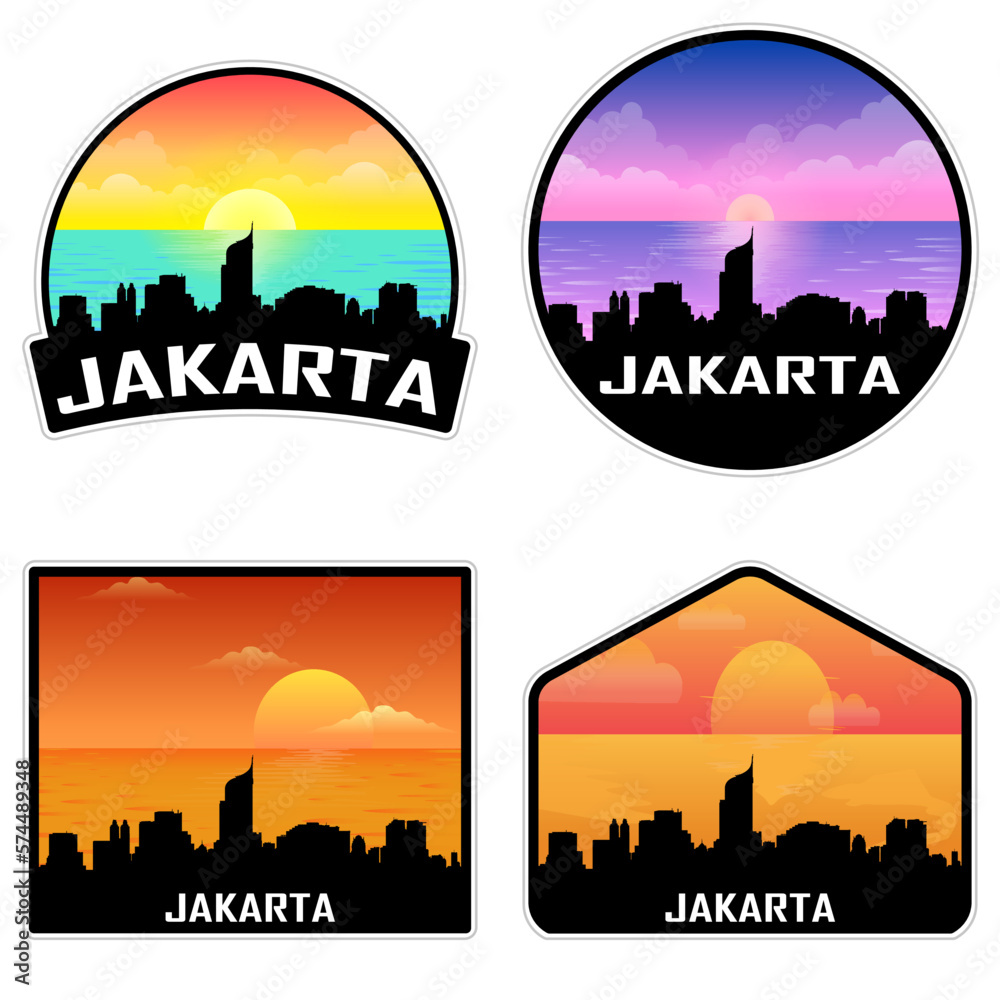 Jakarta Indonesia Skyline Silhouette Retro Vintage Sunset Jakarta Lover Travel Souvenir Sticker Vector Illustration SVG EPS AI