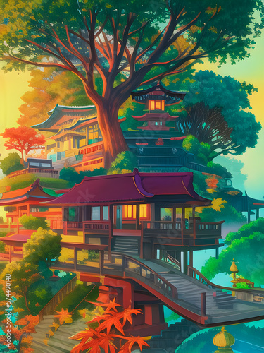 drawing of a fictional fantasy treehouse, iridescent bright colors, generative ai