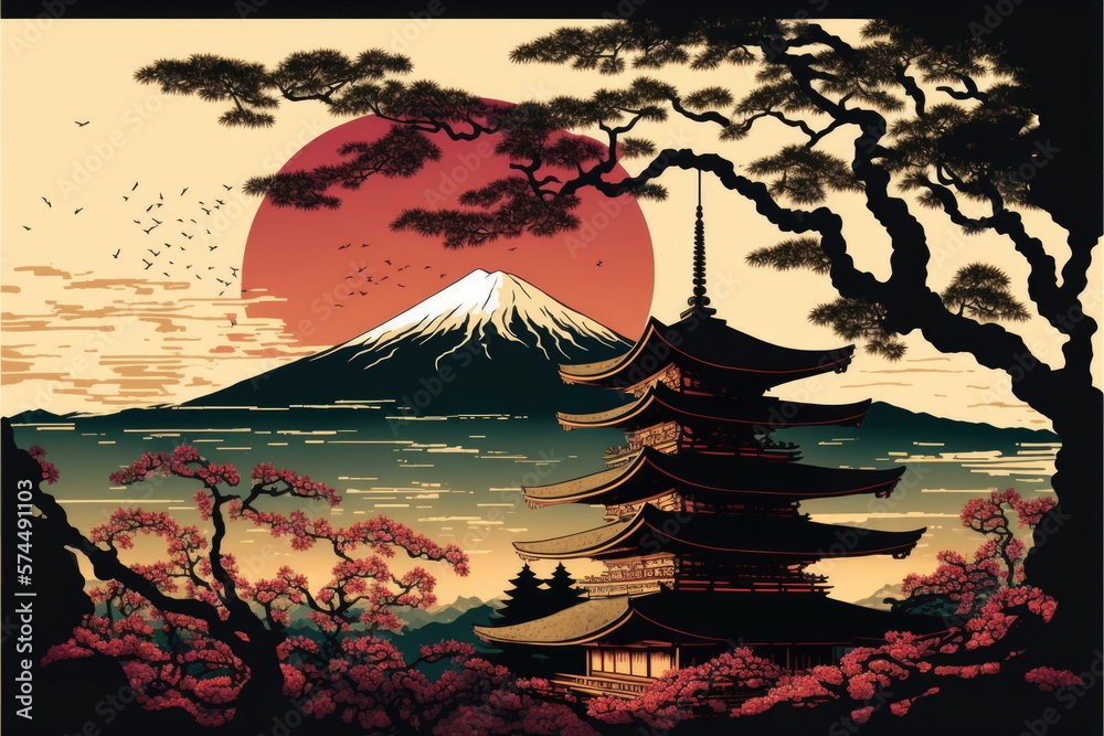 nice landscape with temple and fuji mountain , japan, Made by AI,Artificial intelligence