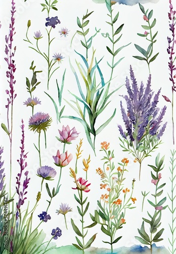Provence herbs abstract watercolor pattern. Savory and rosemary plants, basil, thyme and oregano herbs on white background. AI generated creative decorative watercolor vertical print.