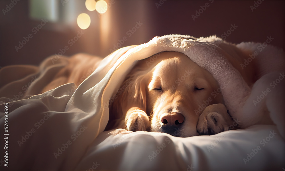 Cute dog sleeping under a white blanket, Golden Retriever lies and ...