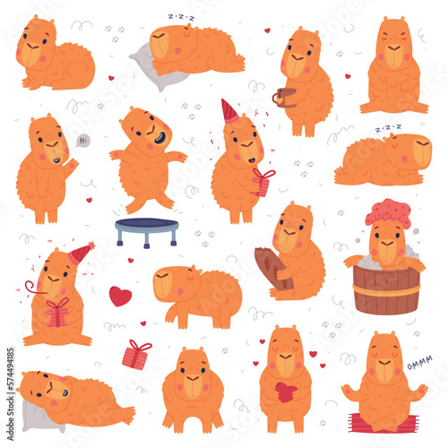 Cute baby capybara characters set. Funny animal of South America in different activities cartoon vector illustration