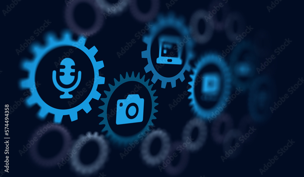 Social Media management concept with group of gears connected with media content creation icons. Digital illustration 