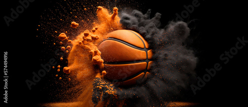 basketball on the background of orange and green dust explosion © Daria
