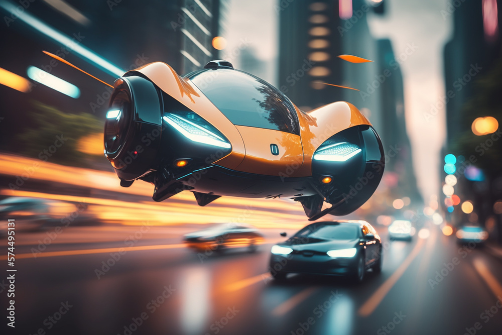 Fototapeta premium Flying cars: A sleek, futuristic flying car soaring over a bustling city.