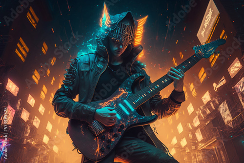 Fantasy guitarist in futuristic city with electronic complicated cool guitar with neon lights