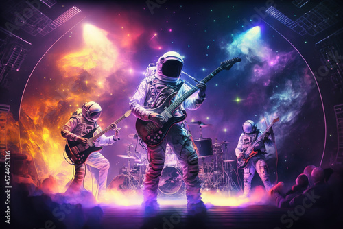 Astronaut rock band playing guitar, fantasy concept, neon lights. © Artofinnovation