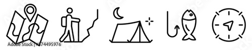 Conjunto de iconos de aventura. Mapa de ubicación, excursión, campamento, pesca, brújula. Concepto de vacaciones. Ilustración vectorial
