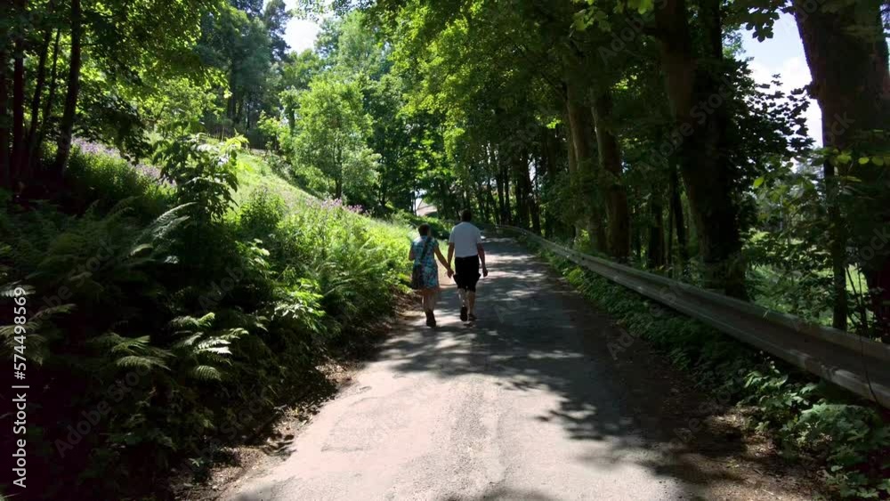 Elderly couple holding hands going for a walk along the road in the forest. Slow motion on a sunny day Elderly couple holding hands going for a walk along the road in the forest. Slow motion on a sunny day