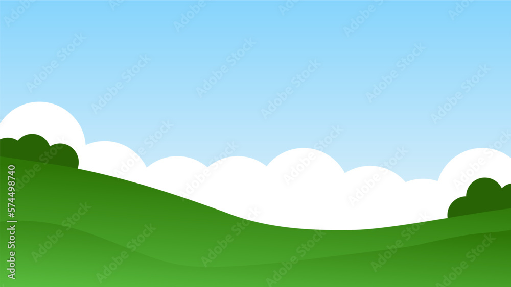 landscape cartoon scene. green field with bush on hill and summer clear blue sky with white cloud