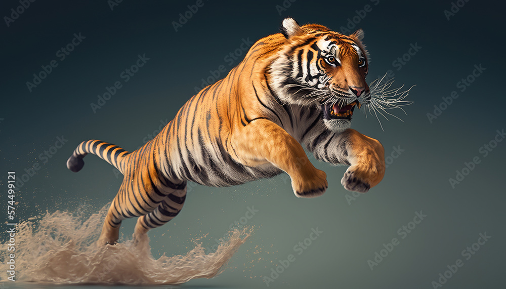 Fototapeta premium Tiger in Flight: Breathtaking Images of Tigers Soaring through the Air