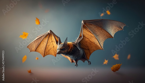 A bat in mid-flight with wings spread wide