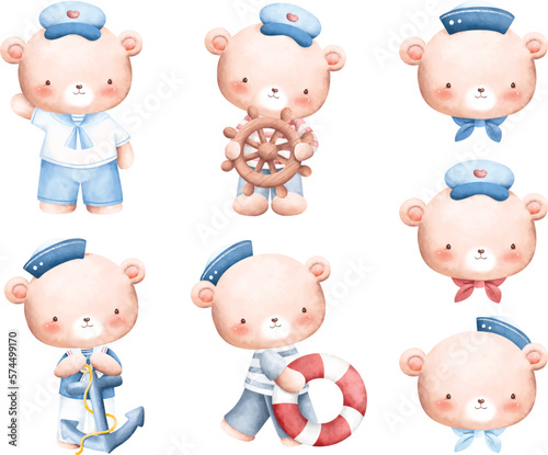 Watercolor Illustration set of Teddy Bear the Sailor