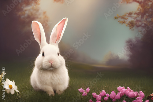 Rabbit and flowers, spring - Generative AI