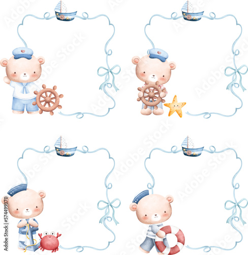 Watercolor Illustration set Ribbon frame with Teddy Bear the Sailor