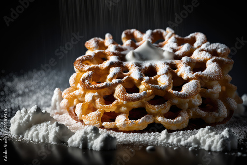 high res funnel cake with powdered sugar being poured onto it with studio lighting made by generative ai