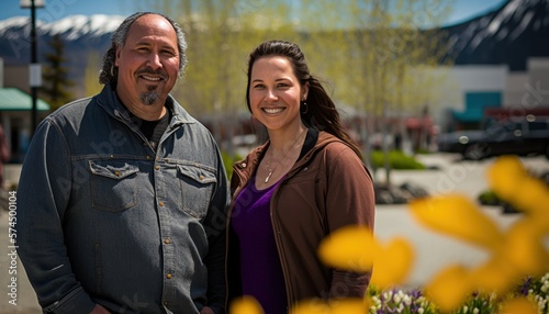 A Happy and Joyful Alaska Native Couple in Public Squares and Plazas in Beautiful, Romantic and Cheerful Spring: A Celebration of Happiness, Nature's Beauty, and Love (generative AI