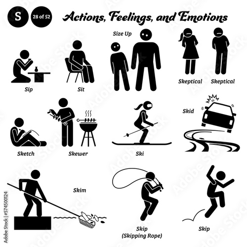 Stick figure human people man action, feelings, and emotions icons alphabet S. Sip, sit, size up, skeptical, sketch, skewer, ski, skid, skim, skip, and skipping rope.