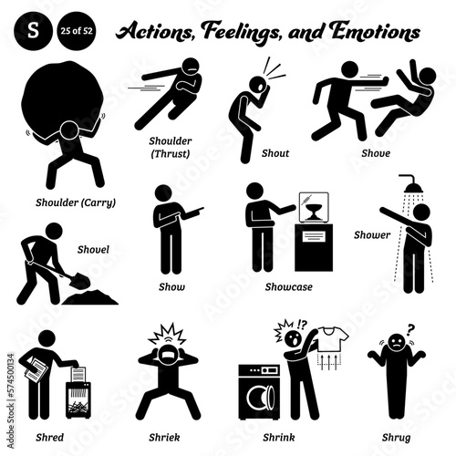 Stick figure human people man action, feelings, and emotions icons alphabet S. Shoulder, carry, thrust, shout, shove, shovel, show, showcase, shower, shred, shriek, shrink, and shrug. 
