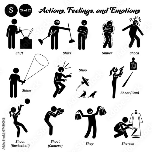 Stick figure human people man action, feelings, and emotions icons alphabet S. Shift, shirk, shiver, shock, shine, shoo, shoot, gun, basketball, camera, shop, and shorten. ..