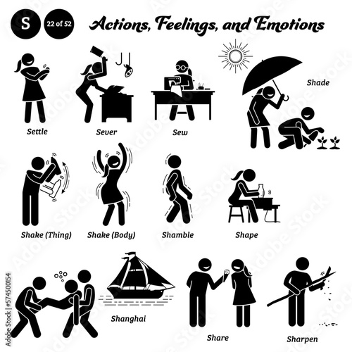 Stick figure human people man action, feelings, and emotions icons alphabet S. Settle, sever, sew, shade, shake, thing, body, shamble, shape, shanghai, share, and sharpen. ..
