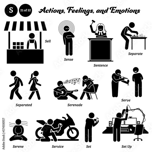 Stick figure human people man action, feelings, and emotions icons alphabet S. Sell, sense, sentence, separate, separated, serenade, serve, serene, service, set, and set up.
