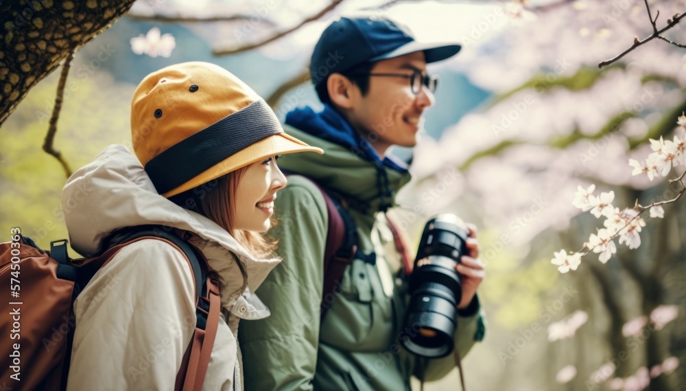 A Happy and Joyful Asian Couple in Bird Watching Areas in Beautiful, Romantic and Cheerful Spring: A Celebration of Happiness, Nature's Beauty, and Love (generative AI