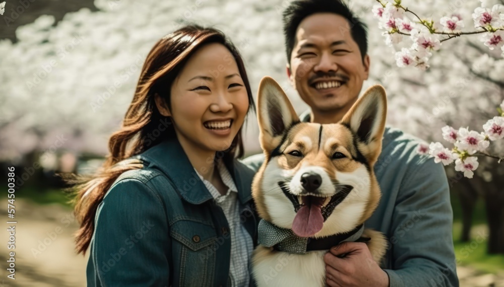 A Happy and Joyful Asian Couple in Dog Parks in Beautiful, Romantic and Cheerful Spring: A Celebration of Happiness, Nature's Beauty, and Love (generative AI A Happy and Joyful Asian Couple in Dog Parks in Beautiful, Romantic and Cheerful Spring: A Celebration of Happiness, Nature's Beauty, and Love (generative AI