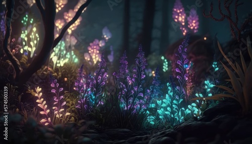 Fairyland Garden  Luminous Flowers and Glowing Plants in a Fairytale Forest at Night  AI Generative