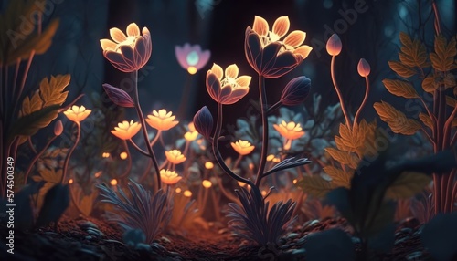 Twilight's Beauty: A Forest of Luminous Flowers and Glowing Plants in a Fairytale World, AI Generative
