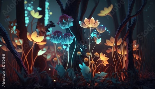 A Nighttime Oasis: A Fantasy Forest of Luminous Flowers and Glowing Plants, AI Generative