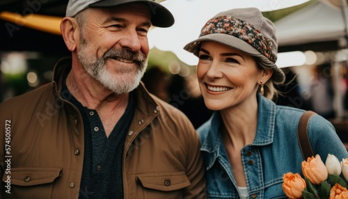 A Happy and Joyful Caucasian Couple in Farmers Markets in Beautiful, Romantic and Cheerful Spring: A Celebration of Happiness, Nature's Beauty, and Love (generative AI