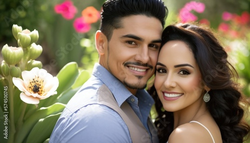 A Happy and Joyful Hispanic Couple in Botanical Gardens in Beautiful, Romantic and Cheerful Spring: A Celebration of Happiness, Nature's Beauty, and Love (generative AI