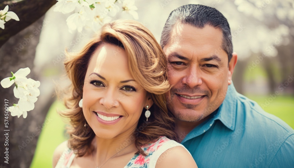 A Happy and Joyful Hispanic Couple in Parks in Beautiful, Romantic and Cheerful Spring: A Celebration of Happiness, Nature's Beauty, and Love (generative AI A Happy and Joyful Hispanic Couple in Parks in Beautiful, Romantic and Cheerful Spring: A Celebration of Happiness, Nature's Beauty, and Love (generative AI