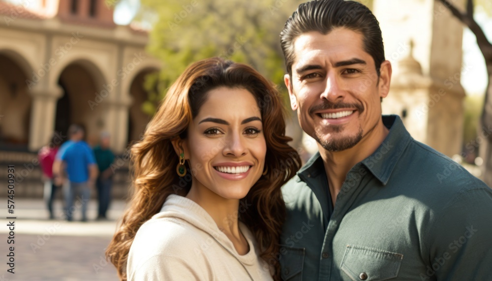 A Happy and Joyful Hispanic Couple in Public Squares and Plazas in Beautiful, Romantic and Cheerful Spring: A Celebration of Happiness, Nature's Beauty, and Love (generative AI A Happy and Joyful Hispanic Couple in Public Squares and Plazas in Beautiful, Romantic and Cheerful Spring: A Celebration of Happiness, Nature's Beauty, and Love (generative AI