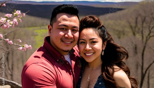 A Happy and Joyful Hispanic Couple in Scenic Overlooks in Beautiful, Romantic and Cheerful Spring: A Celebration of Happiness, Nature's Beauty, and Love (generative AI