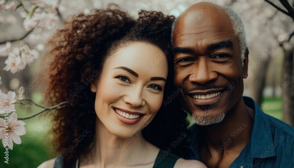 A Happy and Joyful Multiracial Couple in Parks in Beautiful, Romantic and Cheerful Spring: A Celebration of Happiness, Nature's Beauty, and Love (generative AI A Happy and Joyful Multiracial Couple in Parks in Beautiful, Romantic and Cheerful Spring: A Celebration of Happiness, Nature's Beauty, and Love (generative AI