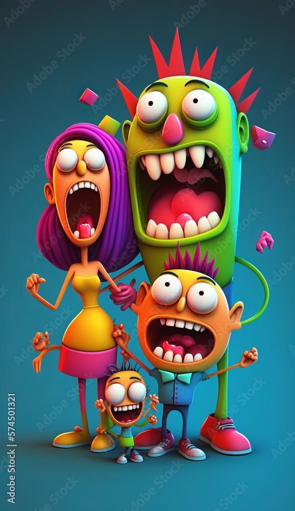 3D Cartoon Colorful Crazy Family. AI generative. Stock Photo