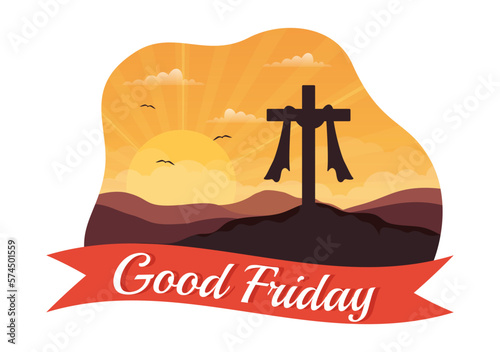 Happy Good Friday Illustration with Christian Holiday of Jesus Christ Crucifixion in Flat Cartoon Hand Drawn for Web Banner or Landing Page Templates
